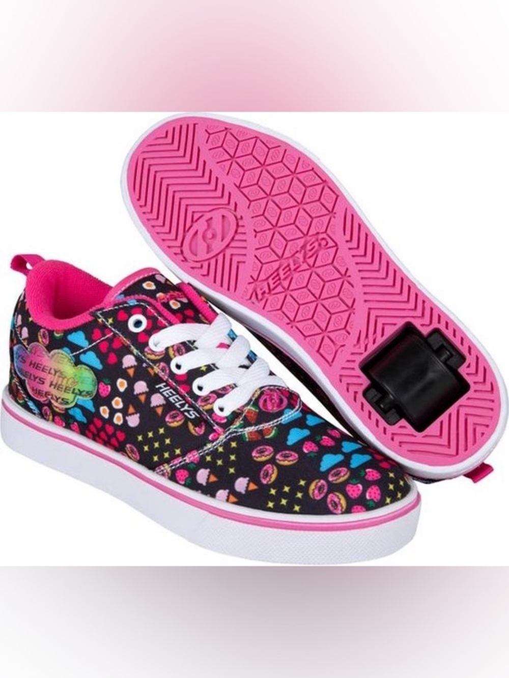 New in Box Heelys Kids' Black Sneakers with Purple, Blue & Pink Hearts size 4
